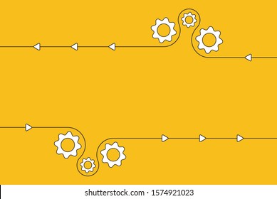 Infographics design elements. Rotating cogs or cogwheels as process, project flow. Gear cog moving process forward. Yellow background. Product release. Flat vector illustration