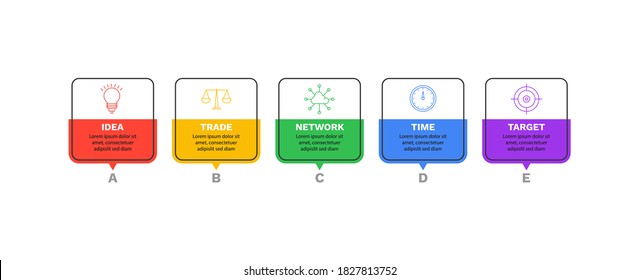 Infographics design with five options target. Chart process template. Modern vector for company or corporate business project and presentation. 