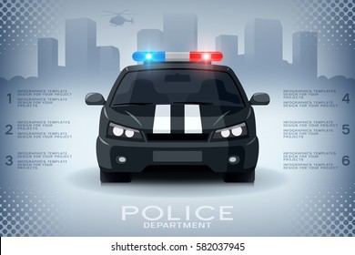 Infographics design with generic police car and skyscrapers.