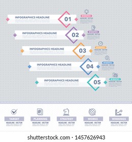 Infographics Design, Multicolored Stats Arrows Template with Business Strategy Flat Web Icons