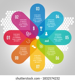 Infographics design overlay vector and business icons with 8 options.