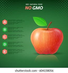 Infographics design with red apple and no gmo text on green background.