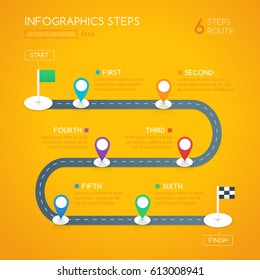 Infographics design with start, and finish goal flags. Infographic shows route steps on the road with differently colored location markers. Graphic design in flat style.