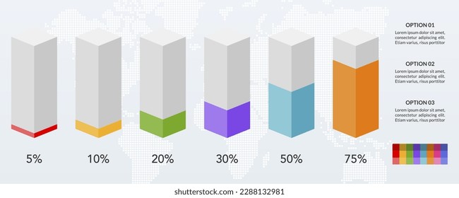 Infographics design template 3d bar chart with 6 options or 6 steps. use as workflow process diagram, business data  presentation, timeline layout, milestone, banner, brochure, flow chart