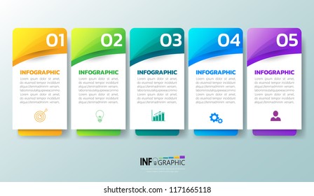 Modelo de design de infográficos, conceito de negócios 3D com 5 etapas ou opções, pode ser usado para layout de fluxo de trabalho, diagrama, relatório anual, web design.Banner criativo, rótulo vetor.