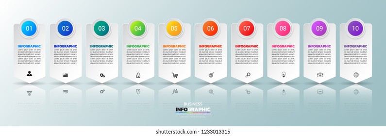 Infographics design template, 3D Business concept with 10 steps or options, can be used for workflow layout, diagram, annual report, web design.Creative banner, label vector.