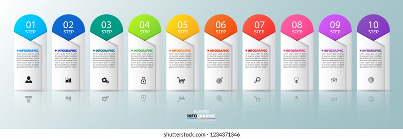 Infographics design template, 3D Business concept with 10 steps or options, can be used for workflow layout, diagram, annual report, web design.Creative banner, label vector.