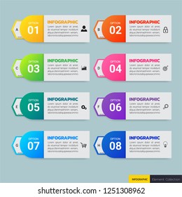 Infographics design template, 3D Business concept with 8 steps or options, can be used for workflow layout, diagram, annual report, web design.Creative banner, label vector.