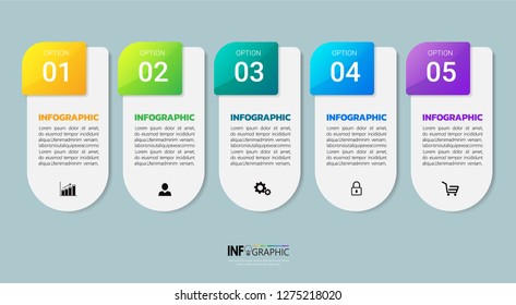 Infographics design template, 3D Business concept with 5 steps or options, can be used for workflow layout, diagram, annual report, web design.Creative banner, label vector.