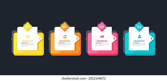 Plantilla de diseño de infografías, concepto de negocio 3D con 4 pasos o opciones, se puede utilizar para diseño de flujo de trabajo, diagrama, informe anual, diseño web.Banner creativo, vector de etiquetas.