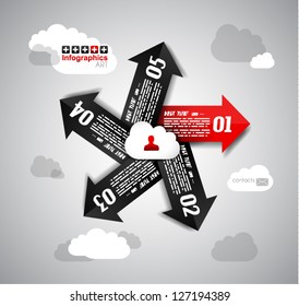 Infographics Design Template with 5 arrows with space for text. Paper effect with delicate shadows.