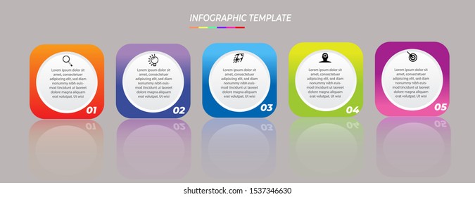 Infographics design template with 5 steps or options, can be used for workflow layout, diagram, annual report, web design, Creative banner, label vector. Info Graph
