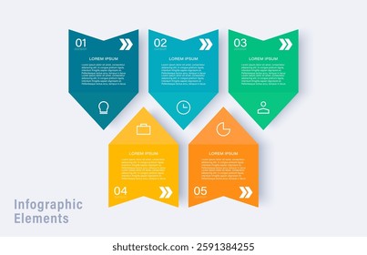Infographics design template with 5 steps, parts or options with icons