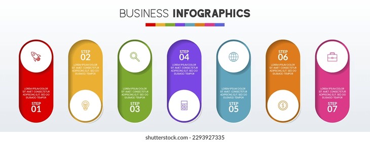 Plantilla de diseño de infografías 7 pasos e iconos. utilizar como diagrama de procesos de flujo de trabajo, presentación de datos empresariales, diseño de línea de tiempo, hito, pancarta, folleto, diagrama de flujo