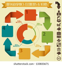 Infographics Design Template with Arrows, Pie Chart and Icons, vector
