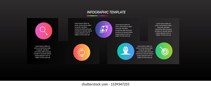 Infographics design template black background with 5 steps or options, can be used for workflow layout, diagram, annual report, web design, Creative banner, label vector. Info Graph
