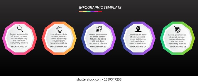 Infographics design template black background with 5 steps or options, can be used for workflow layout, diagram, annual report, web design, Creative banner, label vector. Info Graph