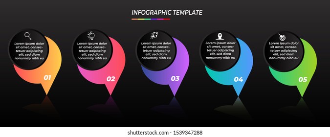 Infographics design template black background with 5 steps or options, can be used for workflow layout, diagram, annual report, web design, Creative banner, label vector. Info Graph