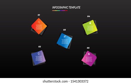 Infographics design template black background with 5 steps or options, can be used for workflow layout, diagram, annual report, web design, Creative banner, label vector. Info Graph