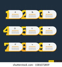 Infographics design template, Business concept with 9 steps or options, can be used for workflow layout, diagram, annual report, web design. Creative banner, label vector.