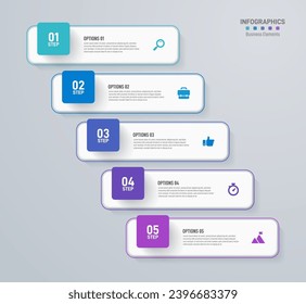 La plantilla de diseño de infografías, el concepto de negocio con 5 pasos, tabla o opciones, se puede utilizar para diseño de flujo de trabajo, diagrama, informe anual, diseño web, presentación. Banner creativo, vector de etiqueta.