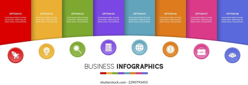 Infographics design template business data  presentation with 8 options or 8 steps. use as workflow process diagram, timeline layout, milestone, banner, brochure, flow chart