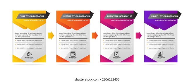 Infographics design template with business icons, process diagram. four step infographic use vertical rectangle layout background. triangle and hexagon element design use soft and dark pastel colors