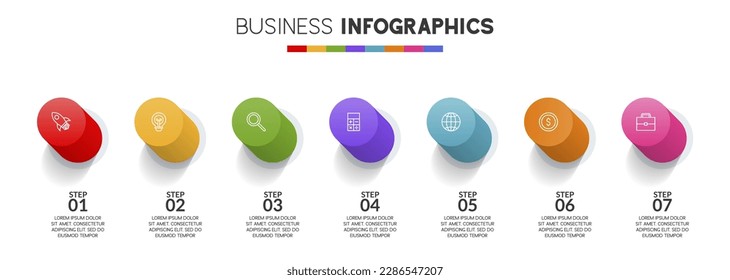 Botón de plantilla de diseño de infografías e iconos con 7 opciones o 7 pasos. utilizar como diagrama de procesos de flujo de trabajo, presentación de datos empresariales, diseño de línea de tiempo, hito, pancarta, folleto, diagrama de flujo
