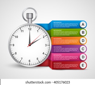 Infographics design template. Clock with colored ribbons. Vector illustration. 