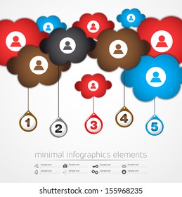 Infographics design template with clouds and paper tags. Idea to display information, ranking and statistics with orginal and modern style