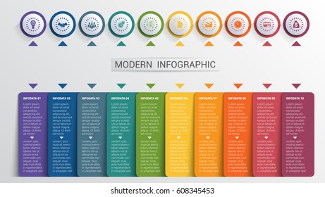 Infographics design template, color buttons and numbered 10 plates shapes, modern website template.
