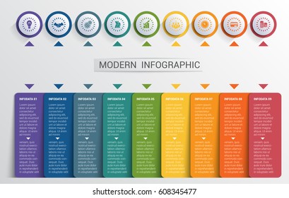 Infographics design template, color buttons and numbered 9 plates shapes, modern website template.
