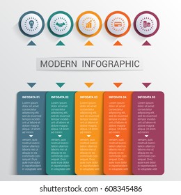 Infographics design template, color buttons and numbered 5 plates shapes, modern website template.