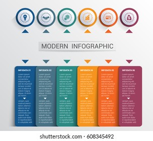 Infographics design template, color buttons and numbered 6 plates shapes, modern website template.