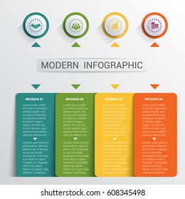 Infographics design template, color buttons and numbered 4 plates shapes, modern website template.
