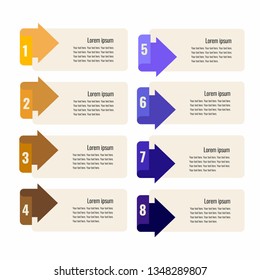 Infographics design template with eight colorful arrows for bisness presentation. Flat illustration.