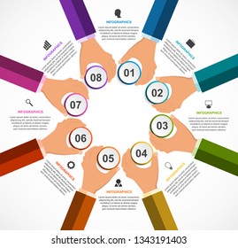Infographics design template. Human hands holding the circle banners. Vector illustration.