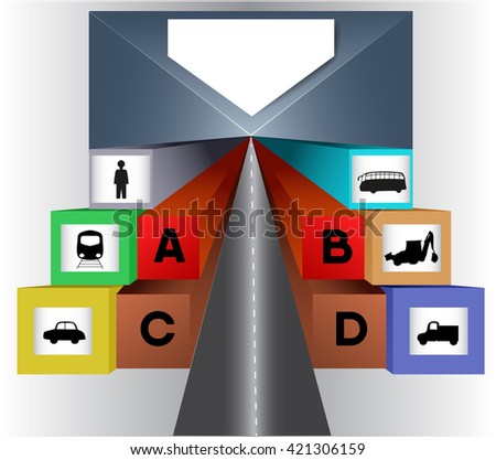 Infographics design template with icons. 3d colorful template with letters, car, train, construction vehicle, bus and truck
