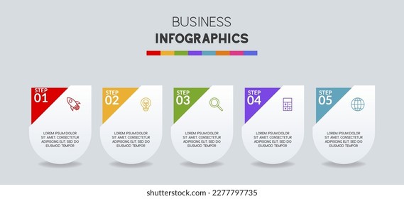Infografik-Design-Vorlage und Symbole mit 5 Optionen oder 5 Schritten. Verwendung als Workflow-Prozessdiagramm, Geschäftsdatendarstellung, Zeitplanlayout, Meilenstein, Banner, Broschüre, Flussdiagramm