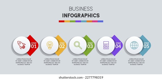 Plantilla de diseño de infografías e iconos con 5 opciones o 5 pasos. utilizar como diagrama de procesos de flujo de trabajo, presentación de datos empresariales, diseño de línea de tiempo, hito, pancarta, folleto, diagrama de flujo