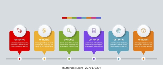 Infographics design template and icons with 6 options or 6 steps. use as workflow process diagram,business data  presentation, timeline layout, milestone, banner, brochure, flow chart