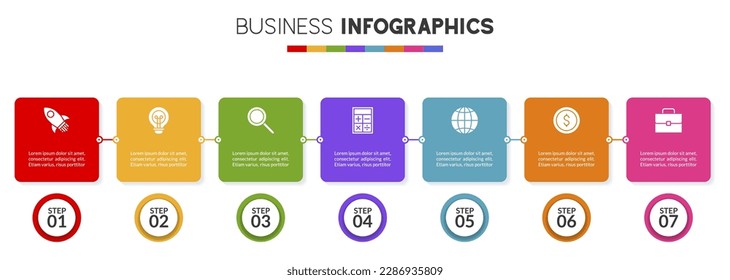 Infographics design template and icons with 7 options or 7 steps. use as workflow process diagram,business data  presentation, timeline layout, milestone, banner, brochure, flow chart