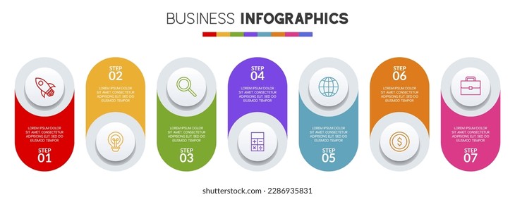 Infographics design template and icons with 7 options or 7 steps. use as workflow process diagram,business data  presentation, timeline layout, milestone, banner, brochure, flow chart