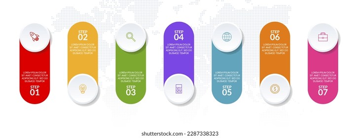 Plantilla de diseño de infografías e iconos con 7 opciones en el fondo del mapa. utilizar como diagrama de procesos de flujo de trabajo, presentación de datos empresariales, diseño de línea de tiempo, hito, pancarta, folleto, diagrama de flujo