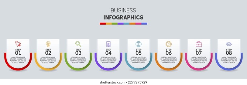 Infographics design template and icons with 8 options or 8 steps. use as workflow process diagram,business data  presentation, timeline layout, milestone, banner, brochure, flow chart