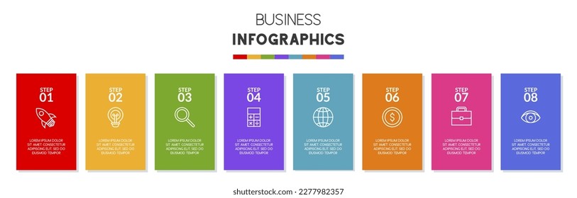 Infographics design template and icons with 8 options or 8 steps. use as workflow process diagram,business data  presentation, timeline layout, milestone, banner, brochure, flow chart