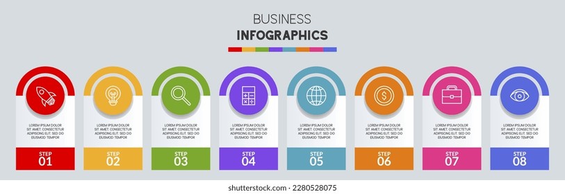 Plantilla de diseño de infografías e iconos con 8 opciones o 8 pasos. utilizar como diagrama de procesos de flujo de trabajo, presentación de datos empresariales, diseño de línea de tiempo, hito, pancarta, folleto, diagrama de flujo