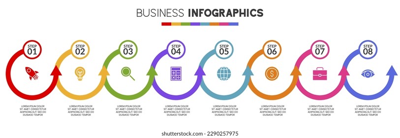Infographics design template and icons with 8 options or 8 steps. use as workflow process diagram, business data  presentation, timeline layout, milestone, banner, brochure, flow chart