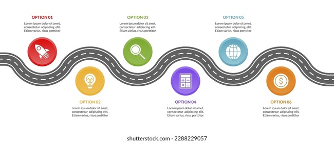 Hoja de ruta de plantillas de diseño de infografías con iconos de 6 pasos. utilizar como hoja de ruta, diagrama de procesos de flujo de trabajo, presentación de datos empresariales, diseño de línea de tiempo, hito, pancarta, folleto, diagrama de flujo