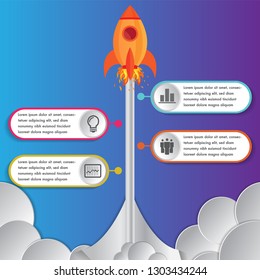 Infographics design template rocket or spaceship launches through the clouds with icons flying up 4 options elements arranged in vertical row and year indication.Concept of four annual steps.